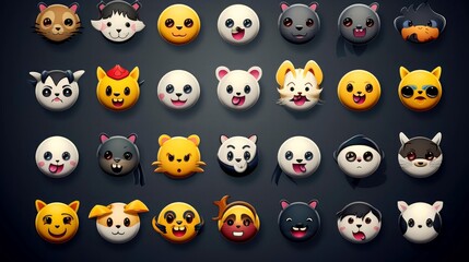 Obraz premium Set of cartoon faces expressions, face emojis, stickers, emoticons, cartoon funny mascot characters face set