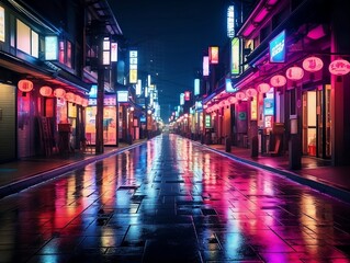 Fototapeta na wymiar Japan neon lights wet road street background in night after rain in old town. City urban empy street with lights of shop sign and windows