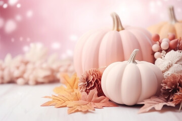Obraz na płótnie Canvas soft pink colored pumpkins with autumn leaves on white ground with bokeh background, pastel background with space for text