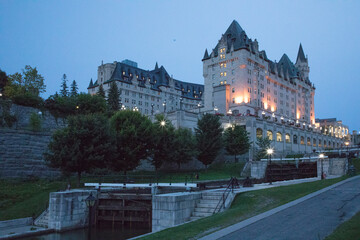 Beautiful view of the Fairmont Chateau Laurier on the Rideau Canal in Ottawa, Canada