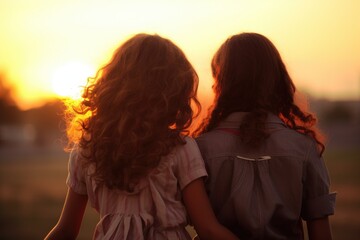 Two school friends with backpacks at sunset.