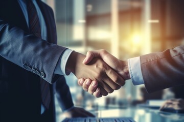 Happy business team shaking hands with clients in the office Smiling executive team making deals with customers and shaking hands at work inside the office conference room.