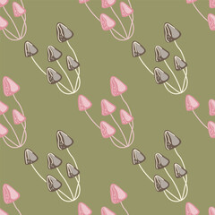 Hand drawn toadstool mushrooms seamless pattern. Magical fly agaric wallpaper.