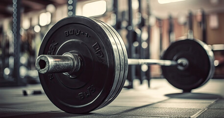 Barbell on the floor in the gym. Horizontal banner for a gym. - obrazy, fototapety, plakaty