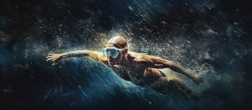 A swimmer on a dark background underwater. Sports horizontal banner. Sports motivation.
