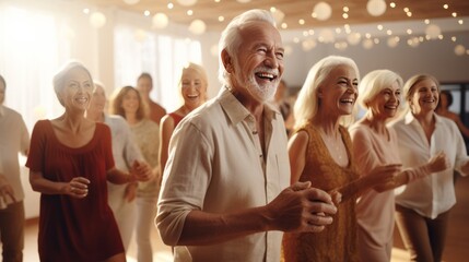 Photo of a group of elderly people dancing joyfully together
