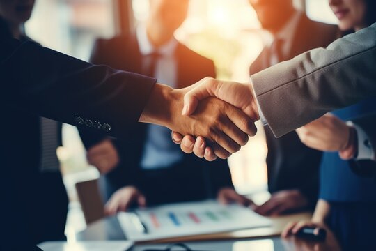 Happy Business Team Shaking Hands With Clients In The Office Smiling Executive Team Making Deals With Customers And Shaking Hands At Work Inside The Office Conference Room.