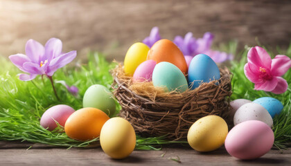 Colorful easter eggs in nest close up with spring flowers and copy space