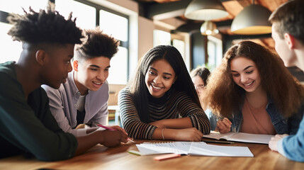 A diverse group of students collaborating on a project in a well-lit classroom, with copy space