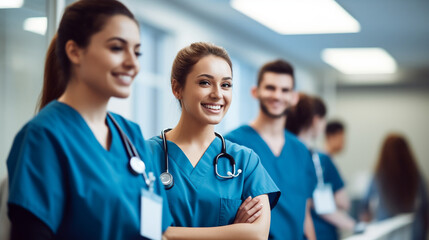 A team of young doctors and nurses coordinating patient care in a hospital, with copy space