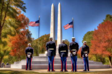 Veterans standing solemnly in front of a national monument