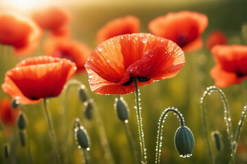Poppy flowers, the symbol of Remembrance Day, close-up with dewdrops