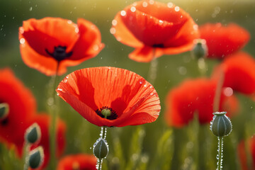 Fototapeta premium Poppy flowers, the symbol of Remembrance Day, close-up with dewdrops