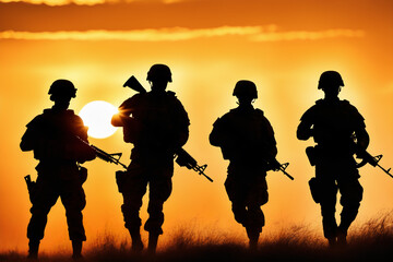 Silhouettes of soldiers against a backdrop of a setting sun
