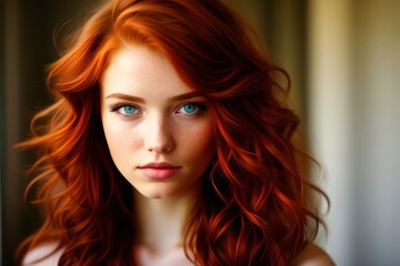 Fototapeta premium Beauty red-haired young woman green eyes mysteriously looking at camera. Redhead model sexy girl beauty face. Generative AI