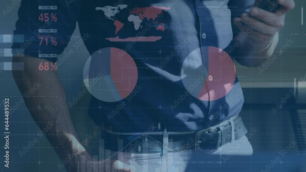Poster animation of statistical data processing against mid section of a man using smartphone at office