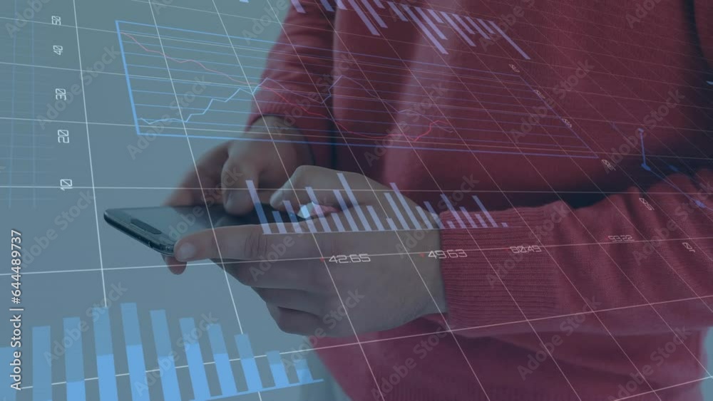 Poster animation of statistical data processing against mid section of a man using smartphone at office