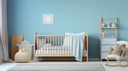 Simple, blue baby bedroom with cot and rug.