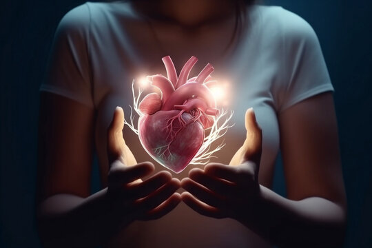 help woman heart red health cardiology concept donor hand charity transplant. Generative AI.