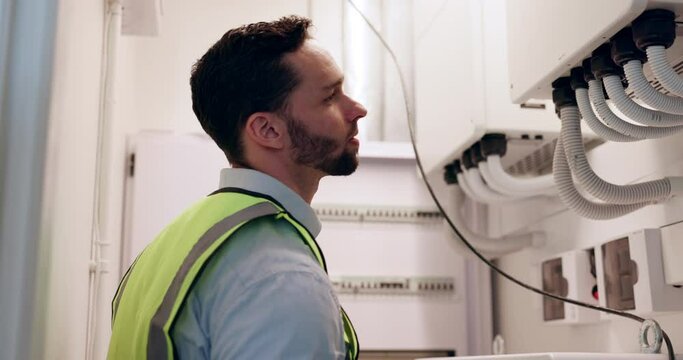 Electrical work, handyman and electrician inspection of machine and building maintenance. Man, working and control room with board monitoring and engine technician employee with quality assurance