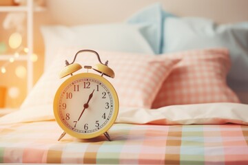 Photo of a yellow alarm clock on a neatly made bed created with Generative AI technology