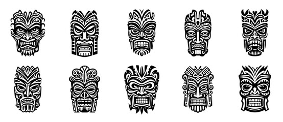 Ethnic masks. Tiki totem, voodoo african tribal head. Zulu traditional god, hawaiian indigenous vintage tattoo ritual polynesian face black vector set - obrazy, fototapety, plakaty