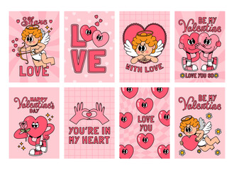 Cartoon Valentines cards. Retro 30s February holiday romantic postcard with funny mascot heart characters. Groovy love print poster with quotes and phrase. Vector set