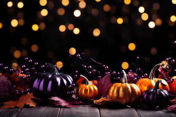 purple and golden pumpkins with fall leaves and decorations on wooden ground in front of a bokeh background with space for text