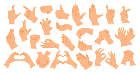 Hand gestures poses. Cartoon human hands showing different signs. Fingers and palm gesture. Showing position stop, heart, fist, pose with forefinger, various arm vector illustration - obrazy, fototapety, plakaty