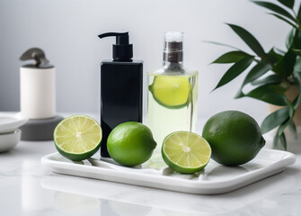 body bottle organic skincare natural lemon spa treatment lime oil. Generative AI.