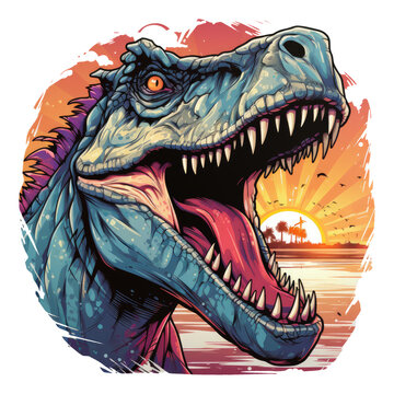  An awe-inspiring Dinosaur t-shirt design portraying a mesmerizing moment of a bioluminescent dinosaur walking along the shores of a serene, Generative Ai