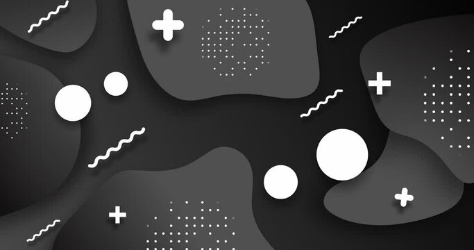 Black Flat animated minimalistic geometrical shape motion graphics background. Background consist of Different assorted shape circle, zig zag lines and cross waving and moving.