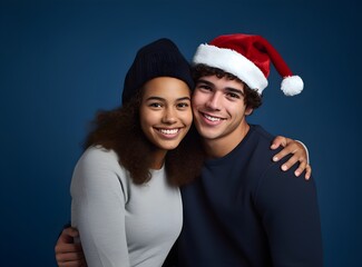 Happy young international couple, Caucasian man and African American woman with Christmas Santa hats hugging, posing isolated on plain dark blue background Happy New Year 2023 holiday 