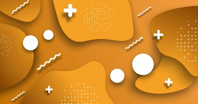 Orange Flat animated minimalistic geometrical shape motion graphics background. Background consist of Different assorted shape circle, zig zag lines and cross waving and moving.