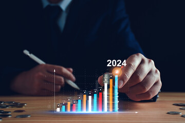 Interest rate and dividend concept. Businessman with percentage symbol and up arrow, 2024, Interest...