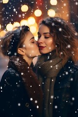 Close view of  happy young multiracial lesbian couple celebrating Christmas hugging in Santa hats, winter, on a date, festive snowing bokeh night background, love is love, American