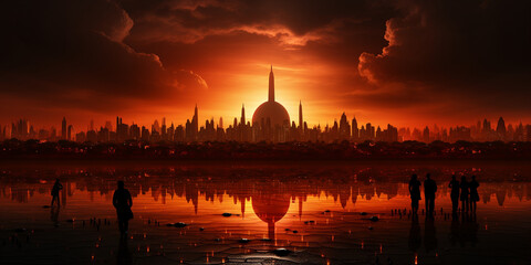 Wunderschöne Moschee in roten Abendlicht mit einem See im Querformat für Banner, ai generativ