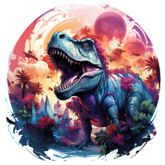 A captivating Dinosaur t-shirt design showcasing a group of time-traveling explorers interacting with dinosaurs in a lush, Generative Ai