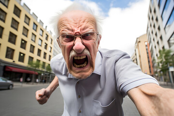 An old man being angry, shot in an urban environment, emotions or moods concept. Generative AI