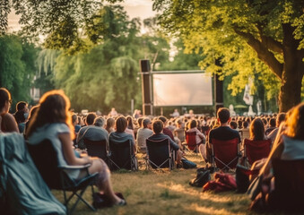 Open air cinema with people having good time in green summer park.AI Generative