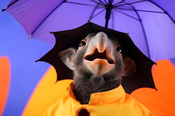 Portrait of a bat wearing a raincoat and an umbrella in studio, colorful background. Autumn concept. Generative AI