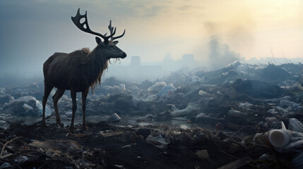 The concept of environmental protection. The problem of environmental pollution. Animals in a landfill. The harm of plastic. Deer on mountains of garbage.