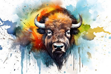 Modern colorful watercolor painting of a bison, textured white paper background, vibrant paint splashes. Created with generative AI