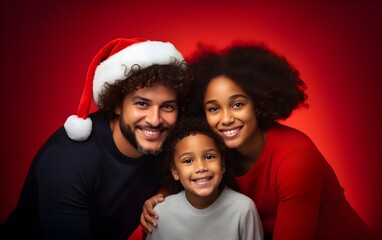 Fototapeta premium Christmas multiracial family close up portrait photoshoot on red modern color background. Happy mom, dad and little daughter in Santa Claus hats . Enjoying love hugs, holidays. Togetherness concept