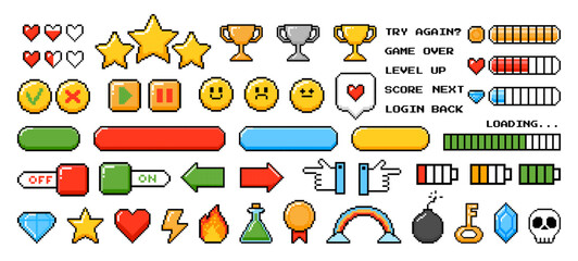 Pixel game elements. Graphic 8bits arcade games button, bars and symbols. Game levels, menu and icon. Digital pixels heart, start, trophy, bomb and crown. Vector set