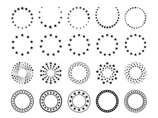 Star circles. Round seal stamp border with stars, vintage circular five pointed star badge, premium quality and warranty emblem. Isolated vector set