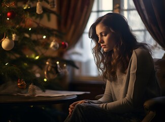Frustrated depressive sad sick beautiful woman in pajamas is sitting on the sofa in christmas crying. New year's eve, dark background Holidays alone at home. Christmas tree, decoration - obrazy, fototapety, plakaty