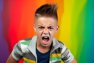 Studio portrait of a teenager boy being angry and yelling, isolated on colorful background. Teenager emotions or moods concept. Generative AI