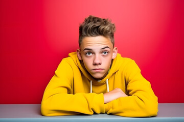Studio portrait of a teenager boy being bored, isolated on colorful background. Teenager emotions or moods concept. Generative AI