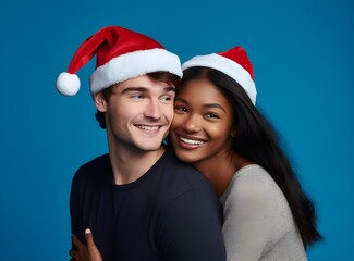 Merry young international couple, Caucasian man and African American woman with Christmas Santa hats hugging, posing isolated on plain pastel light color blue background Happy New Year 2023 holiday 